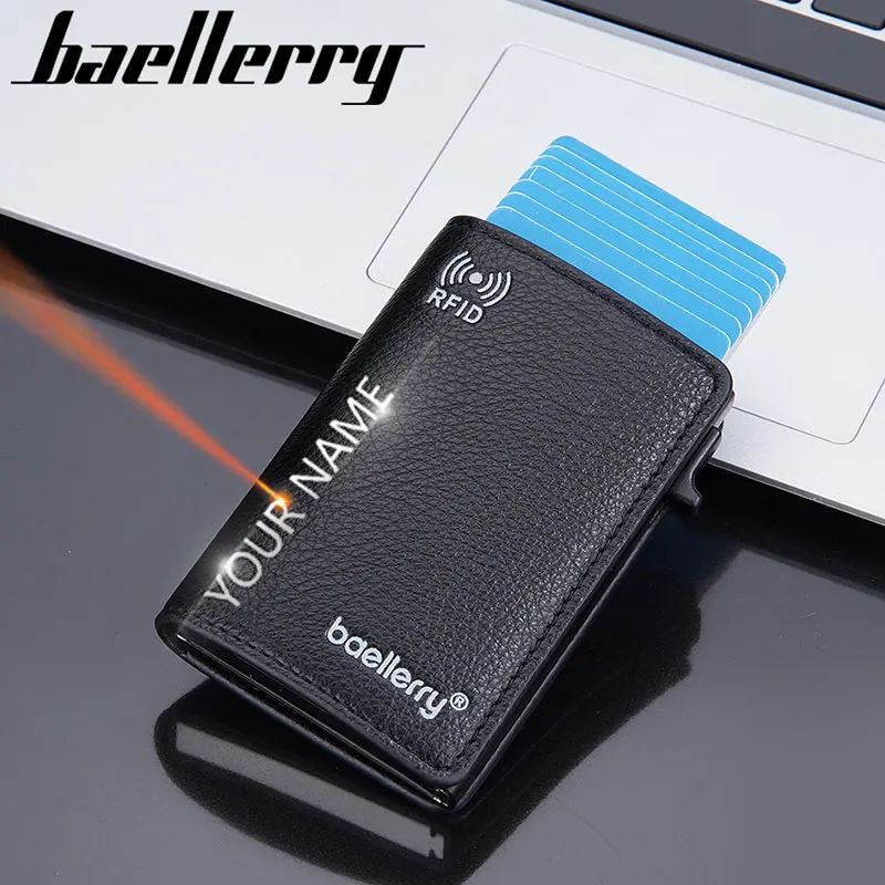 New RFID Mini Slim Men Wallets Free Name Customized Popup Card Holder Short Male Purse Quality PU Leather Simple Men's Wallet