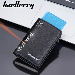 Mini billetera delgada RFID para hombre, tarjetero emergente personalizado con nombre gratis, monedero corto masculino, billetera Simple de cuero PU de calidad, nuevo