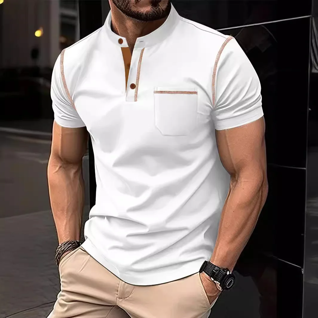 

2024 summer men's button-down polo shirt solid color short-sleeved lapel horizontal strip casual fitted top men's clothing