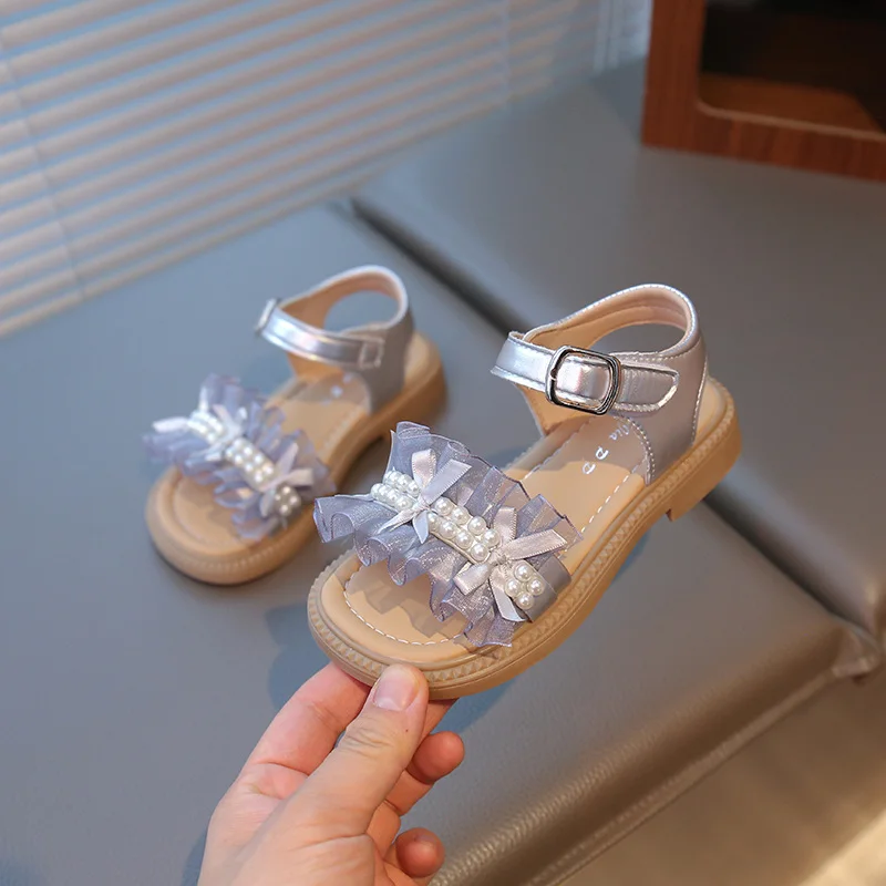 Girls lace fold Sandals Kids Artificial pearl Shoes Baby Hoop Loop Open Toes Sandal 2025 Summer Child Casual Flat Shoe for 23-34