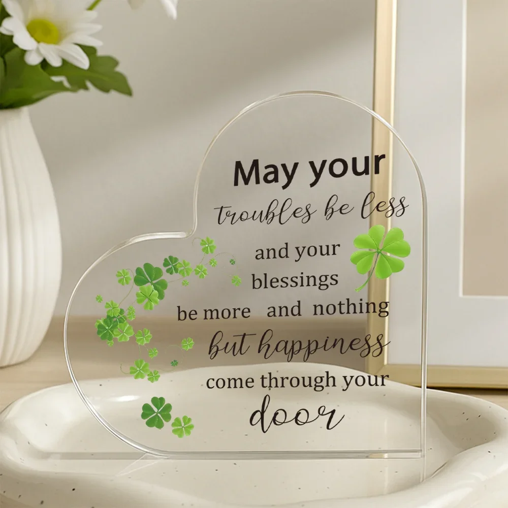Irish Blessing Acrylic Heart Sign - Green Clover Inspirational Home Decor for Office Desk
