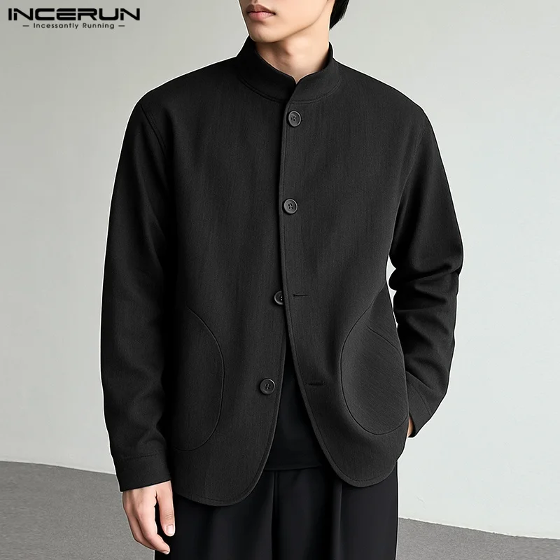 INCERUN Blazer Pria Warna Solid Kerah Tegak Lengan Panjang Vintage Jas Pria Streetwear Longgar 2025 Retro Kasual Mantel Tipis S-5XL
