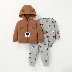 Infant Baby Boy Clothes Sets Winter Warm Cotton Hoodies+Romper+Pants Toddler Girls Clothes Hooded Coat+Jumpsuit+Trousers 3 PCS