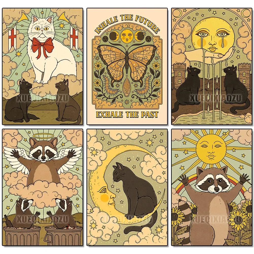 Cartoon Raccoon Cat Diamond Painting Tarot Retro Poster Full Of Diamonds DIY Mosaic Embroidery Handmade New Product Promotion