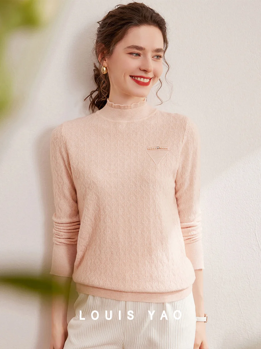 LOUIS YAO 2024 Winter Lace Half High Neck Knitted Shirt Fashion Commuter Micro Elastic Texture Long Sleeve Women's Bottom Shirt