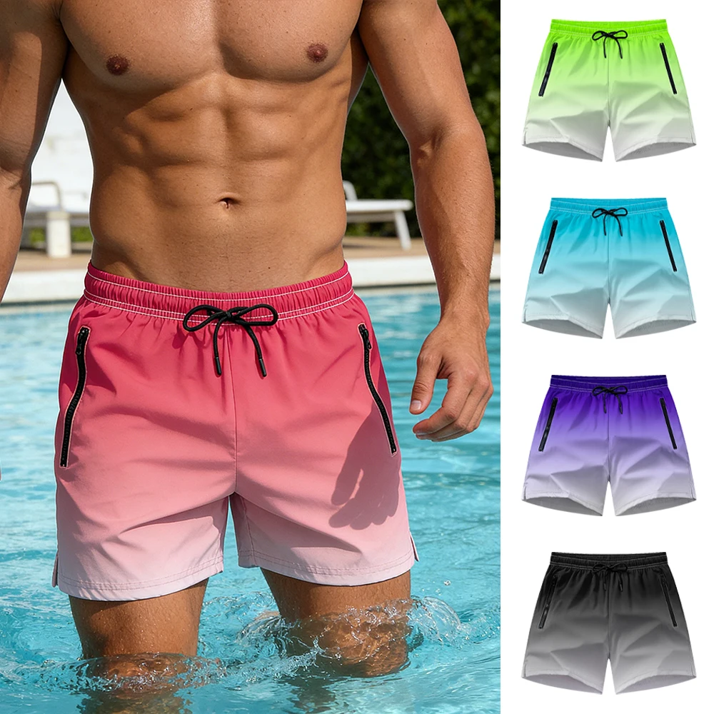 Men's Gradient Beach Shorts Stylish Casual Quick Drying Breathable Swim Trunks Beachwear With Zippered Pockets And Mesh Lining