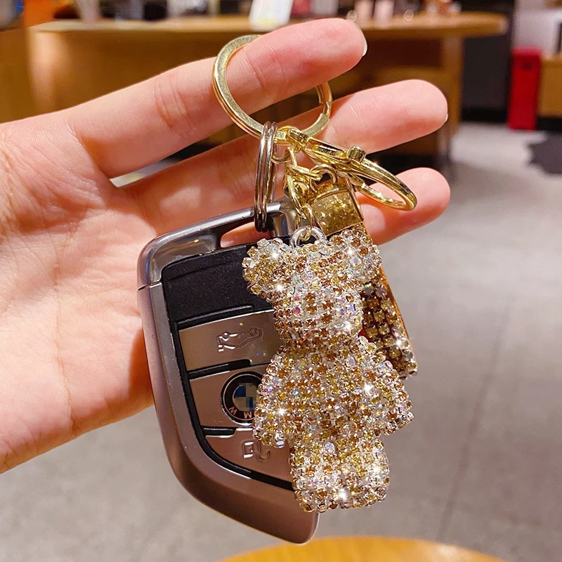 Cute Rhinestones Tassel Bear Keychain Couple Keychain Girl Decoration Small Pendant Car Key Ring Student Bag Pendant