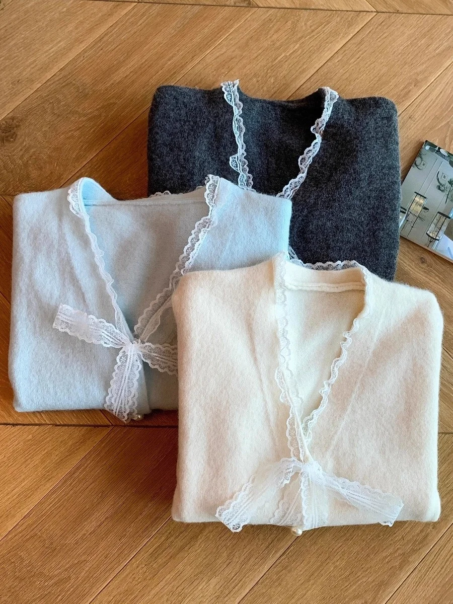 الضوء الأزرق جميلة لصق الدانتيل معقود الخامس على محبوك سترة مفتوحة المرأة الخريف الشتاء حبة زر واحد سترة #5