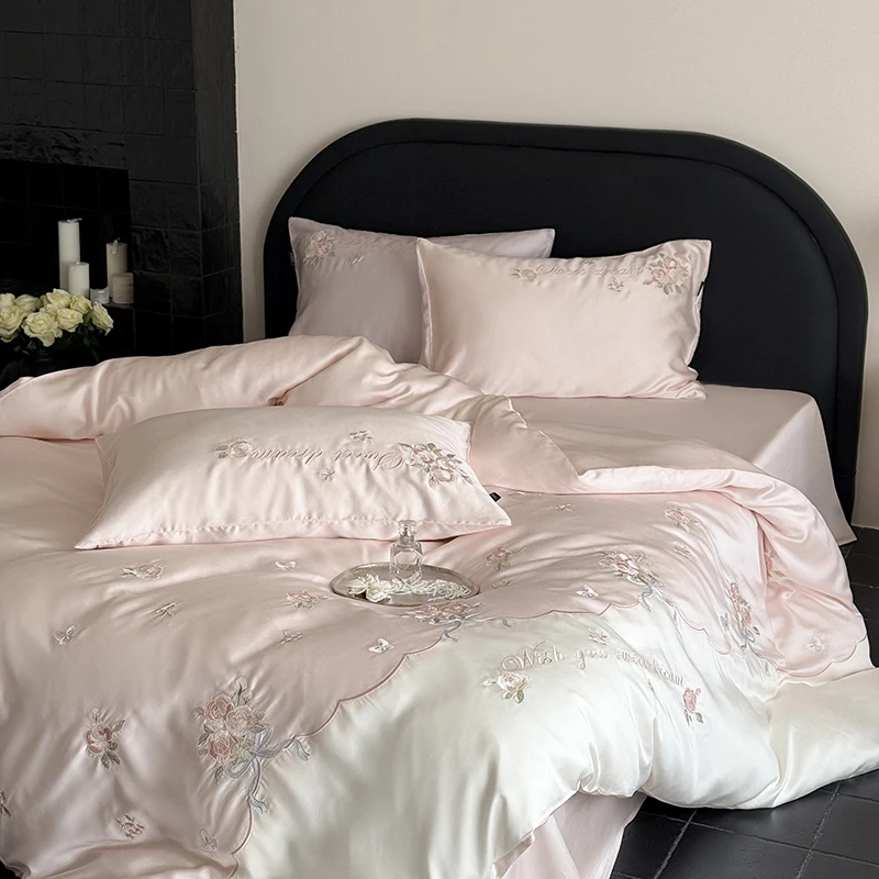 

600TC Lyocell Bamboo Fiber Soft Silky Bedding Set Pink Flowers Embroidery Duvet Cover Flat/Fitted Bed Sheet Pillowcases 3/4Pcs