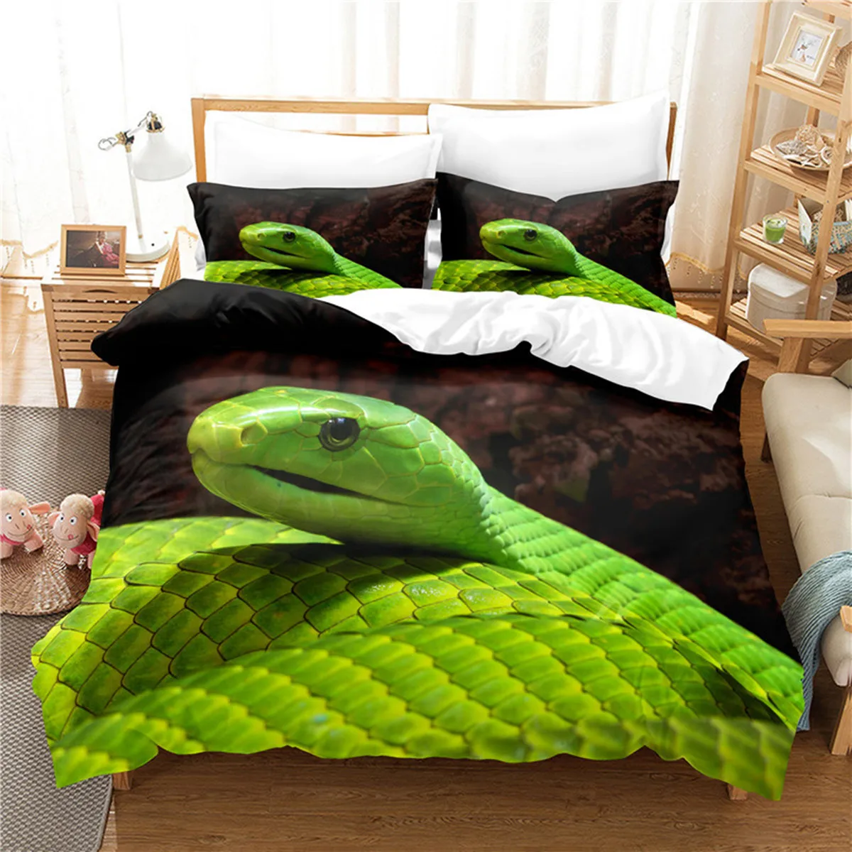 Snake Duvet Cover 3D Reptile Print for Kids Adults Bedroom Decorations Green Snake Cobra Wildlife Theme Duvet Cover Queen King