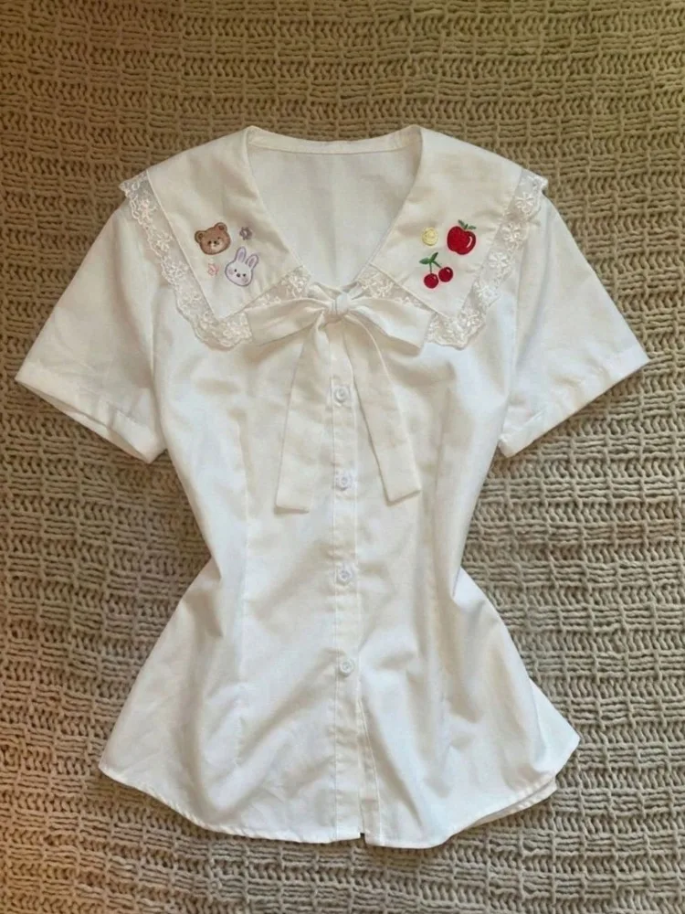 Kimotimo Cute Print Bow Peter Pan Collar Patchwork Lace White Shirts Women 2026 Summer Sweet Short Sleeve Tops Fashion Blouse