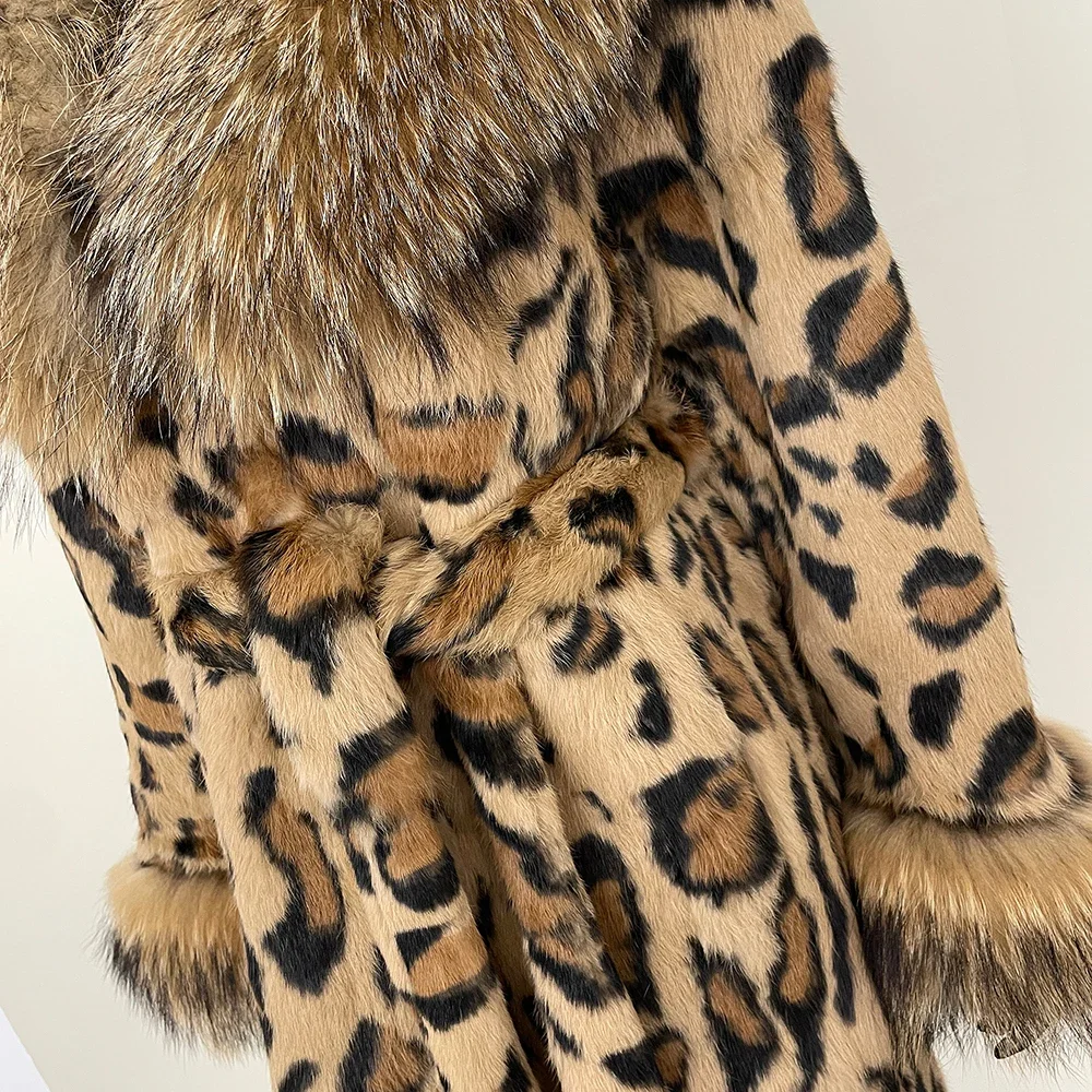 Fashionable Leopard Print Long Fox Collar Fur Jacket One-piece Thickened Warmth 2024 Autumn Winter Real Rabbit Fur Coat Women