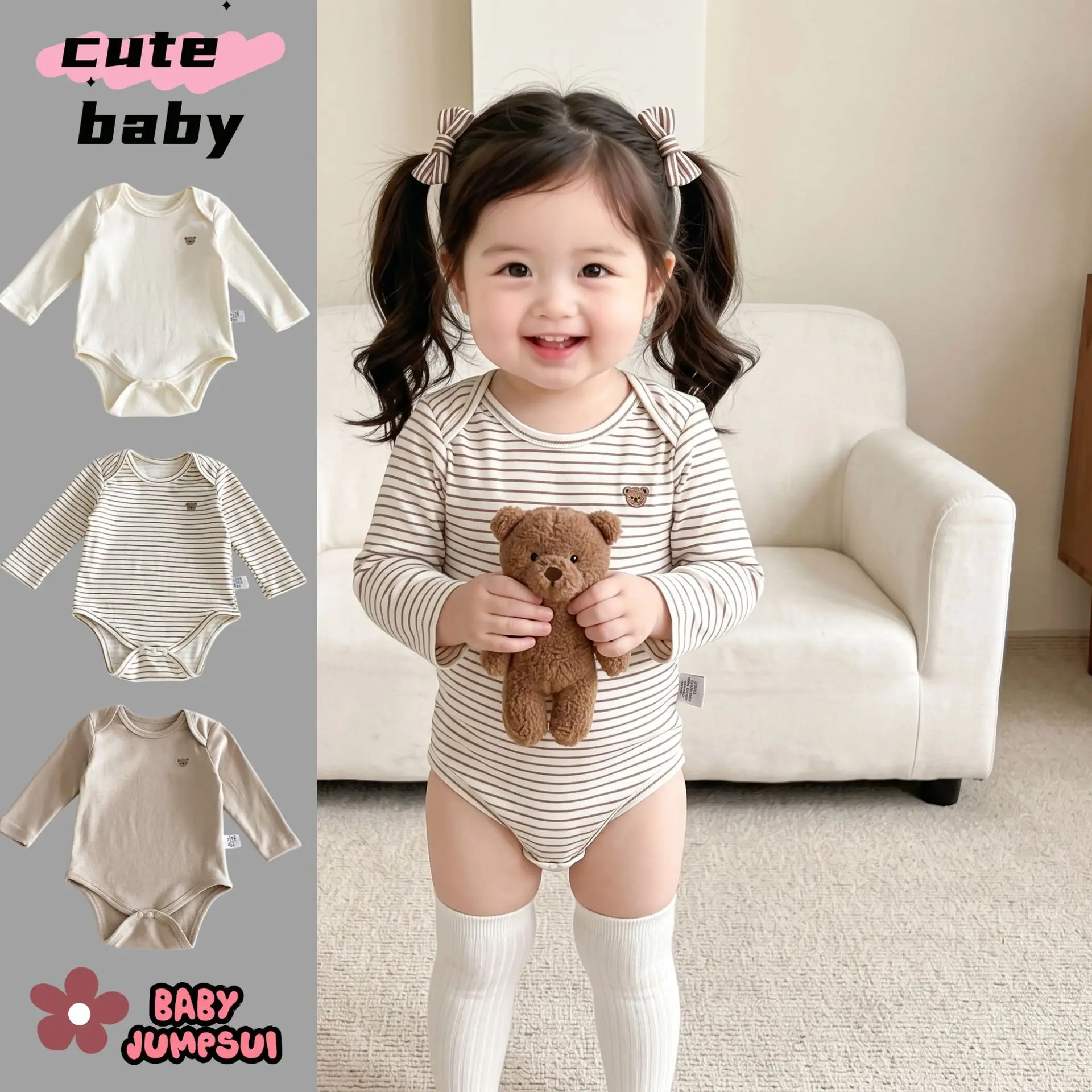 2026-ベビーコットンボディスーツ--春と秋のベビー用ロンパース（男の子と女の子用）--新生児用ロンパース（スナップボタン付き）