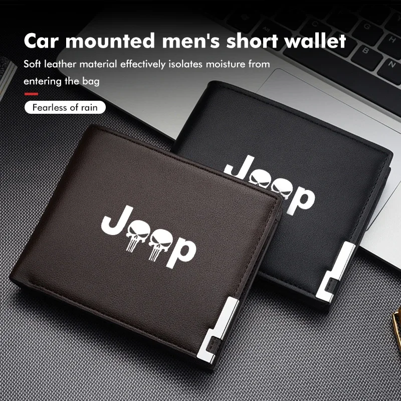 

Men Leather Wallet Short Bifold License Holder Card Wallet Gift Car Accessories For Jeep Grand Cherokee Wrangler Compass Gladiat