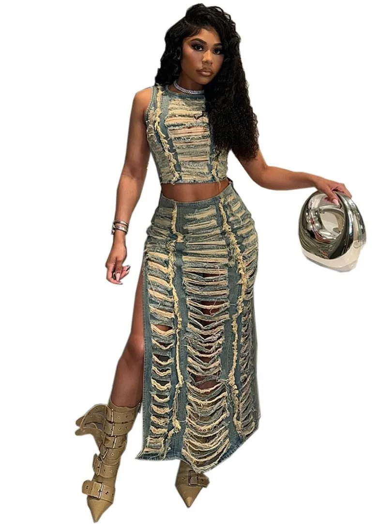 

Женский комплект из джинсовой жилетки ручной работы с эффектом потертости и юбки-сарафана, модный трансграничный персонализированный набор одежды Весна 2026