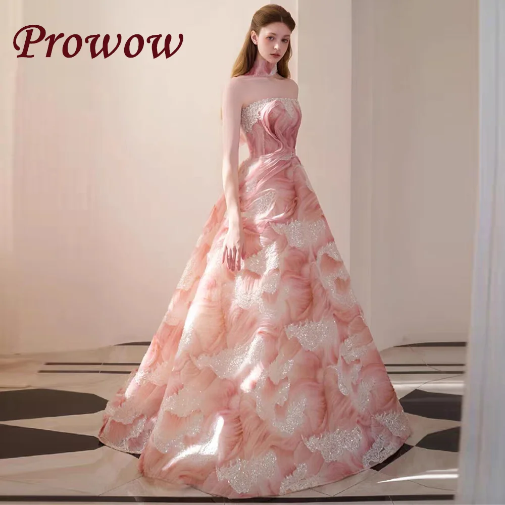 

Prowow Luxury Strapless Prom Dresses Pink Sparkly Sequins Wedding Party Gowns Customized فساتين حفلة موسيقية