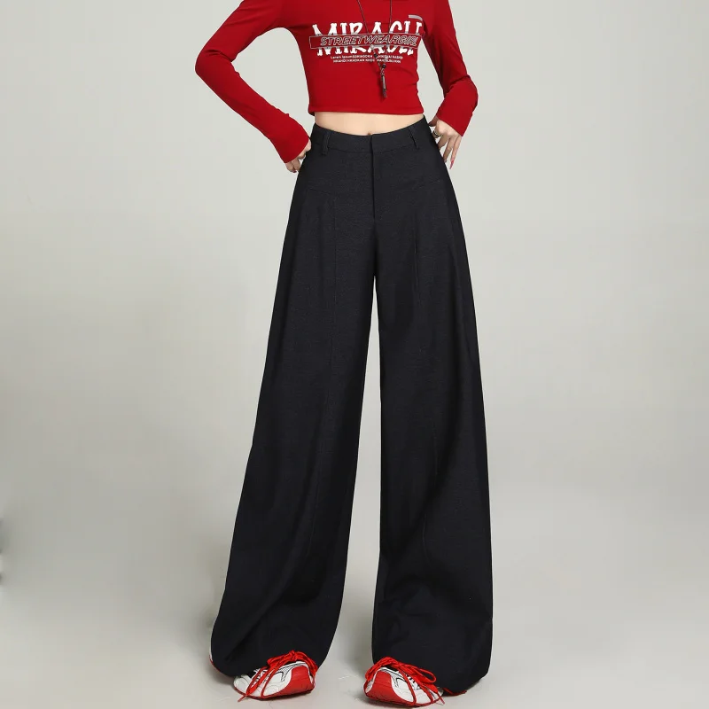 

Vintage dark blue wide-leg denim suit pants for women2025New Autumn/Winter High-Quality Casual Straight-Leg Pants
