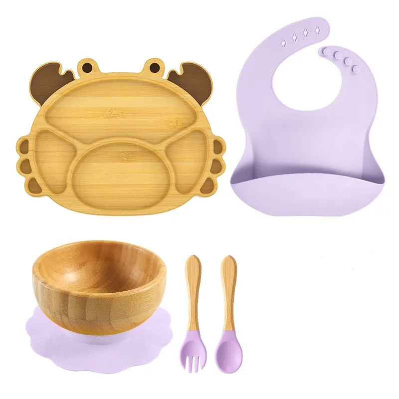 5Pcs/Set Baby Dinner Plate Bib Fork Spoon Feeding Bamboo Bowl Kids Feeding Animal Tableware Wood Non-slip Children Tableware