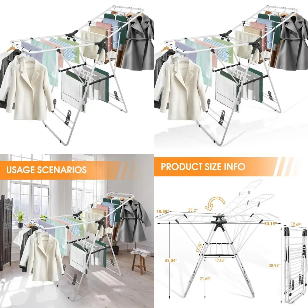 

Adjustable Height Metal Folding Drying Rack, Space-Saving, Suitable for Indoor & Outdoor, White Freestanding Clothes Airer