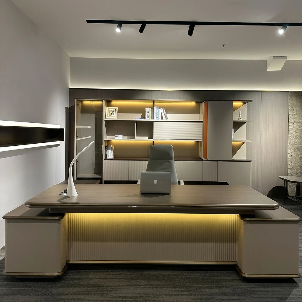 Luxury L-Shaped Executive Desk High-End Modern Boss Office Table CEO President Desk with Side Cabinet and Storage