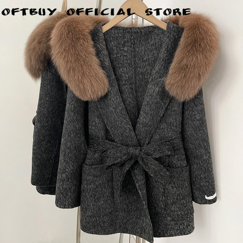 Women Wool Coat Classy Belted Women's Natural Fur Coat Warm Real Fur Collar Old Money Style Overcoat Winter Cold Season Wear