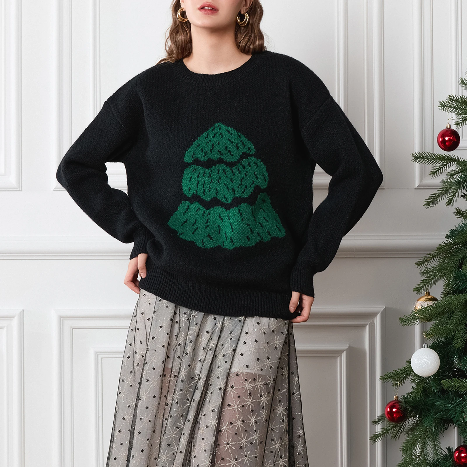 Women's Clothing Trendy Christmas Tree Sweaters Drop Shoulder Long Sleeve Round Neck Ribbed Loose Knitted Tops