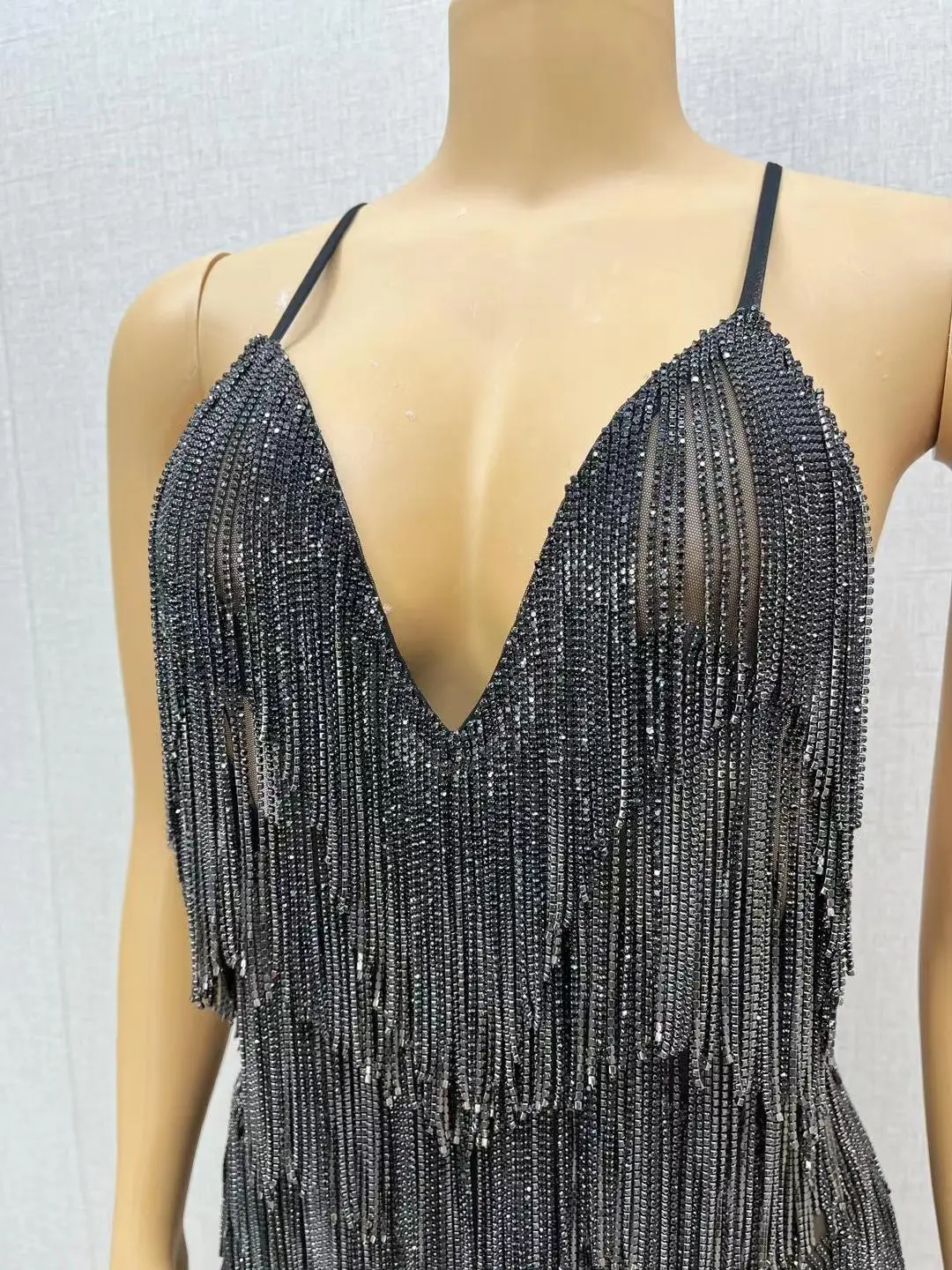 Xiaolian-vestido ceñido para mujer, con espalda descubierta minivestido Sexy, cadena de diamantes de imitación, borla, baile latino, fiesta de noche y sesión de fotos