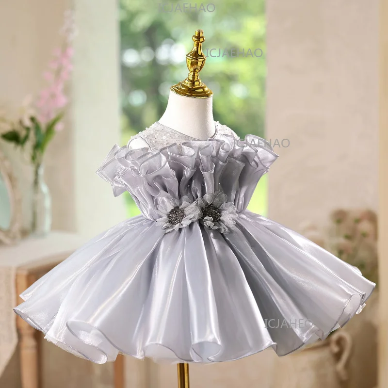

Kids Piano Performance Host Gray Sleeveless Floral Girls Birthday Party Princess Gown CostumeEvening Dress Clothes Children