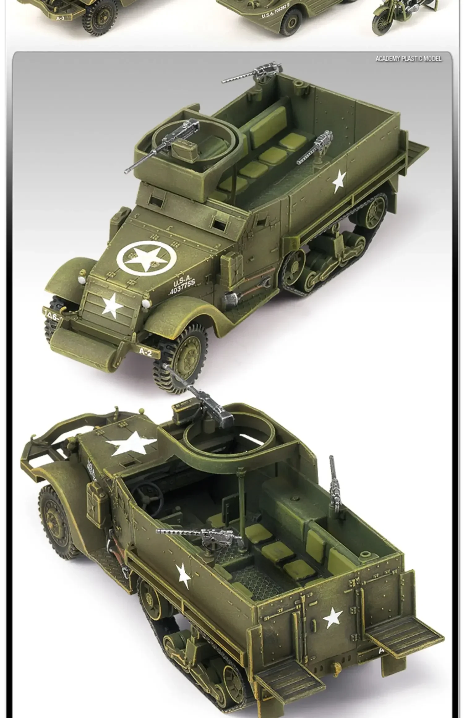 Kit de modelo ensamblado de Academia 13408 American M3 Half Track y vehículo anfibio de 1/4 tonelada, escala 1/72