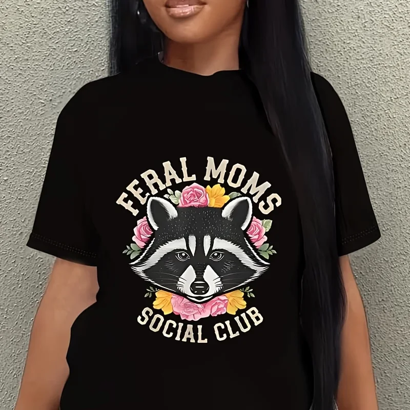 Wild Mommy Social Club Raccoon Flower General Women's Plus Size T-Shirt 100% Cotton 220g
