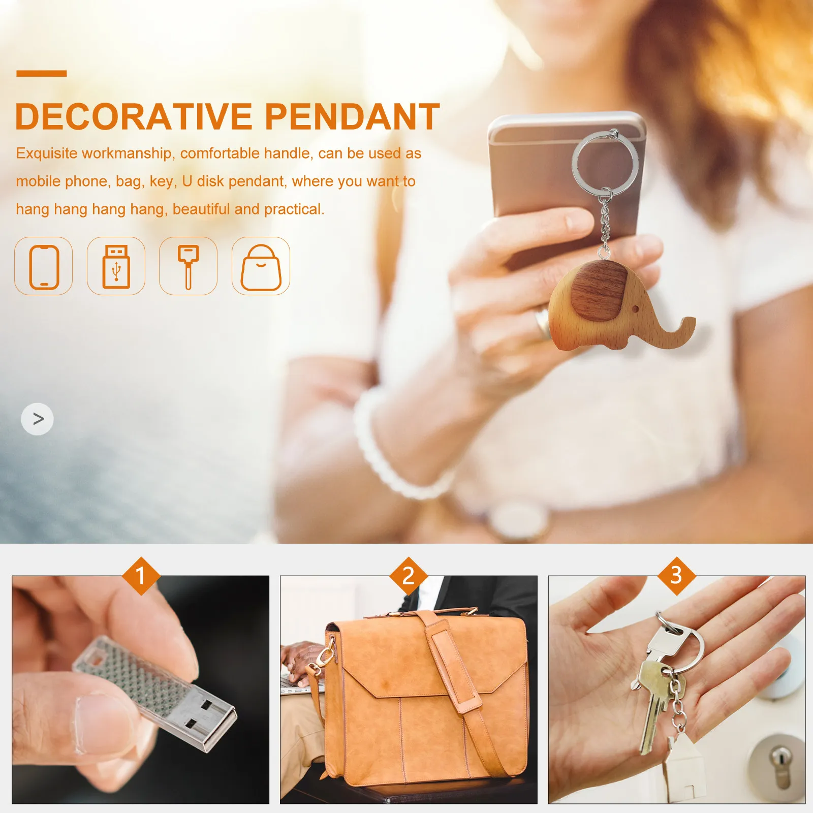 2Pcs Small Elephant Solid Wood Keychain Creative Mobile Phone Stand Multi Purpose Bag Hanging Decor Mobile Phone Holder