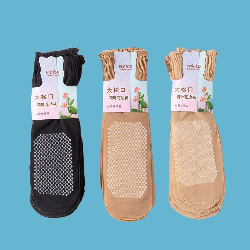 

6/12 Pairs New Silk Socks Cotton Bottom Short Silk Casual Socks Loose Mouth Lotus Leaf Edge Nourishing Massage Mid Tube Socks