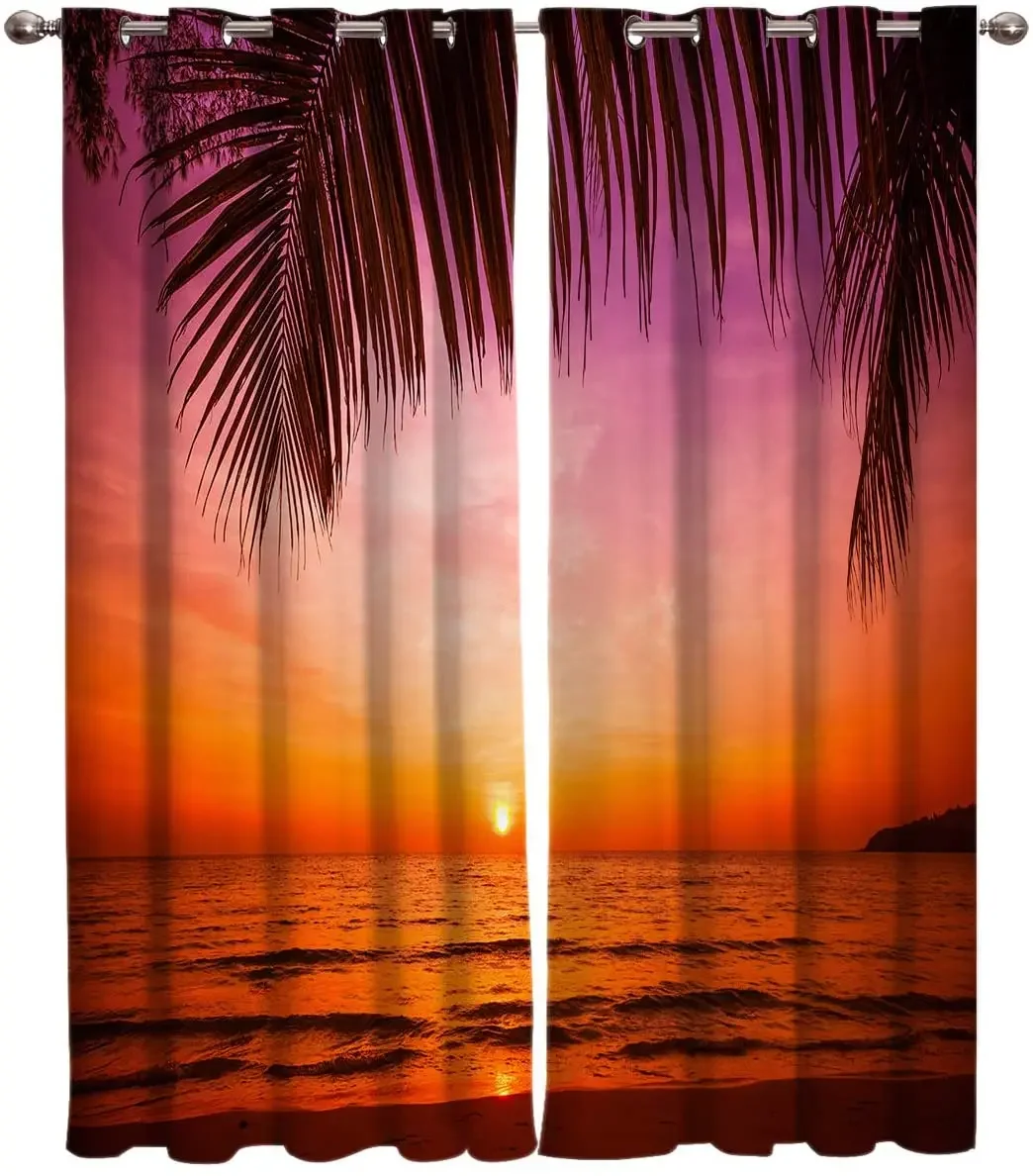 Living Room Decoration Blackout Curtains Sea Sunset View Coconut Palm Leaves Paradise Double Bedroom Living Room Luxury Curtains