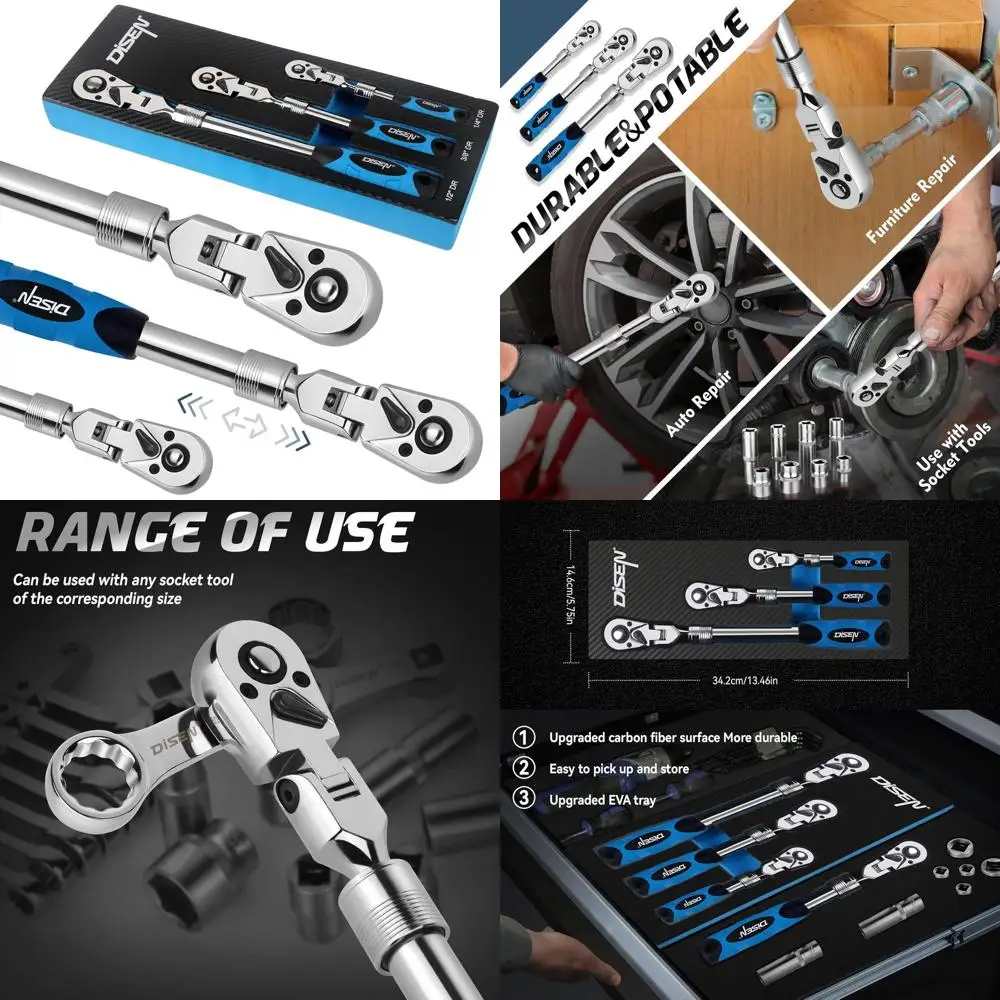 

Набор из 3 гибких трещоточных ключей с кейсом из ЭВА — привод 1/4, 3/8, 1/2 дюйма, 72 зубца, резиновая рукоятка, регулируемая длина