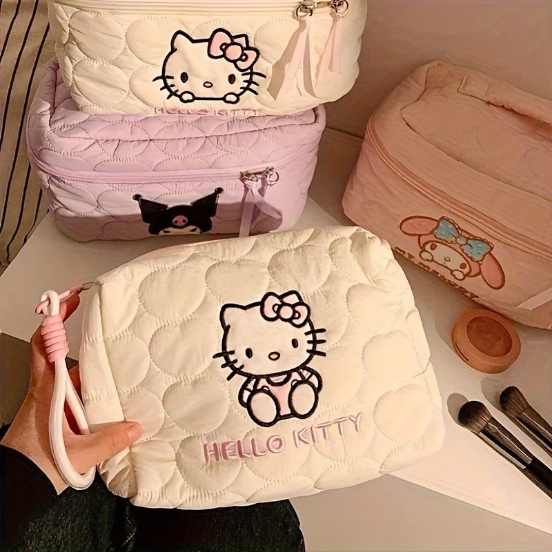 MINISO Hello Kitty Handbag Large Capacity Women's Cartoon Makeup Bag Soft Down Travel Bag For Women