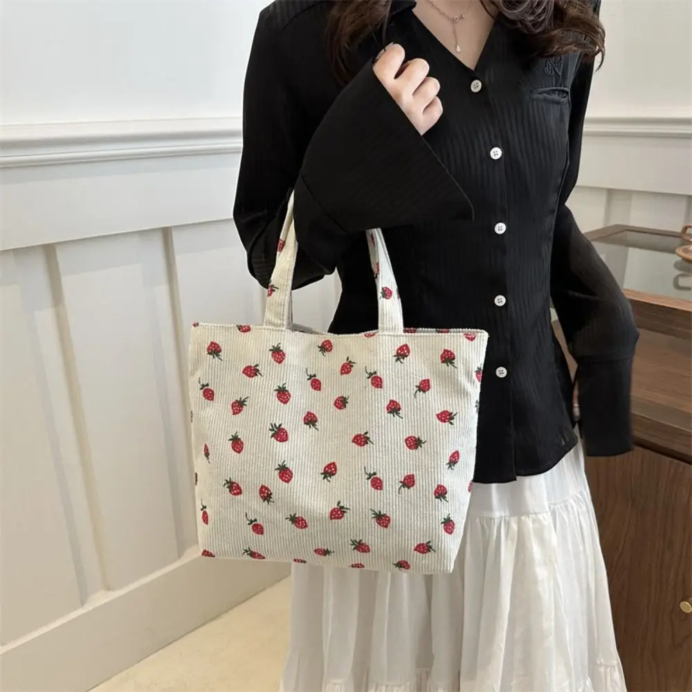 Strawberry Print Women Shoulder Bag New Corduroy Large capacity Shopping Bag Solid Color Handbag Tote Bag