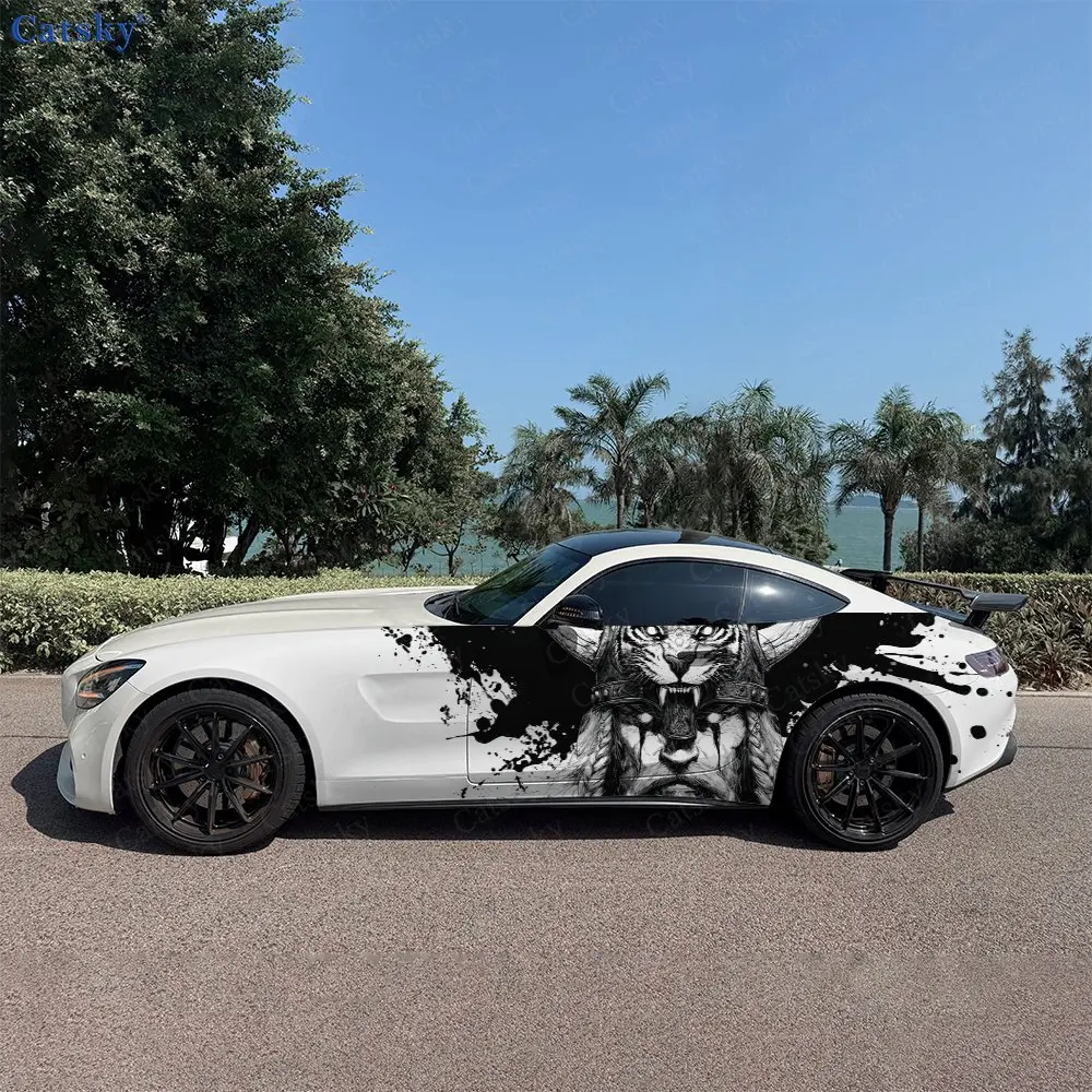 2pcs Ink Wash Tiger Helmet Viking, Durable, Fade-resistant, Enhance Vehicle Aesthetics With Bold Artistic Design Car Vinyl Wraps