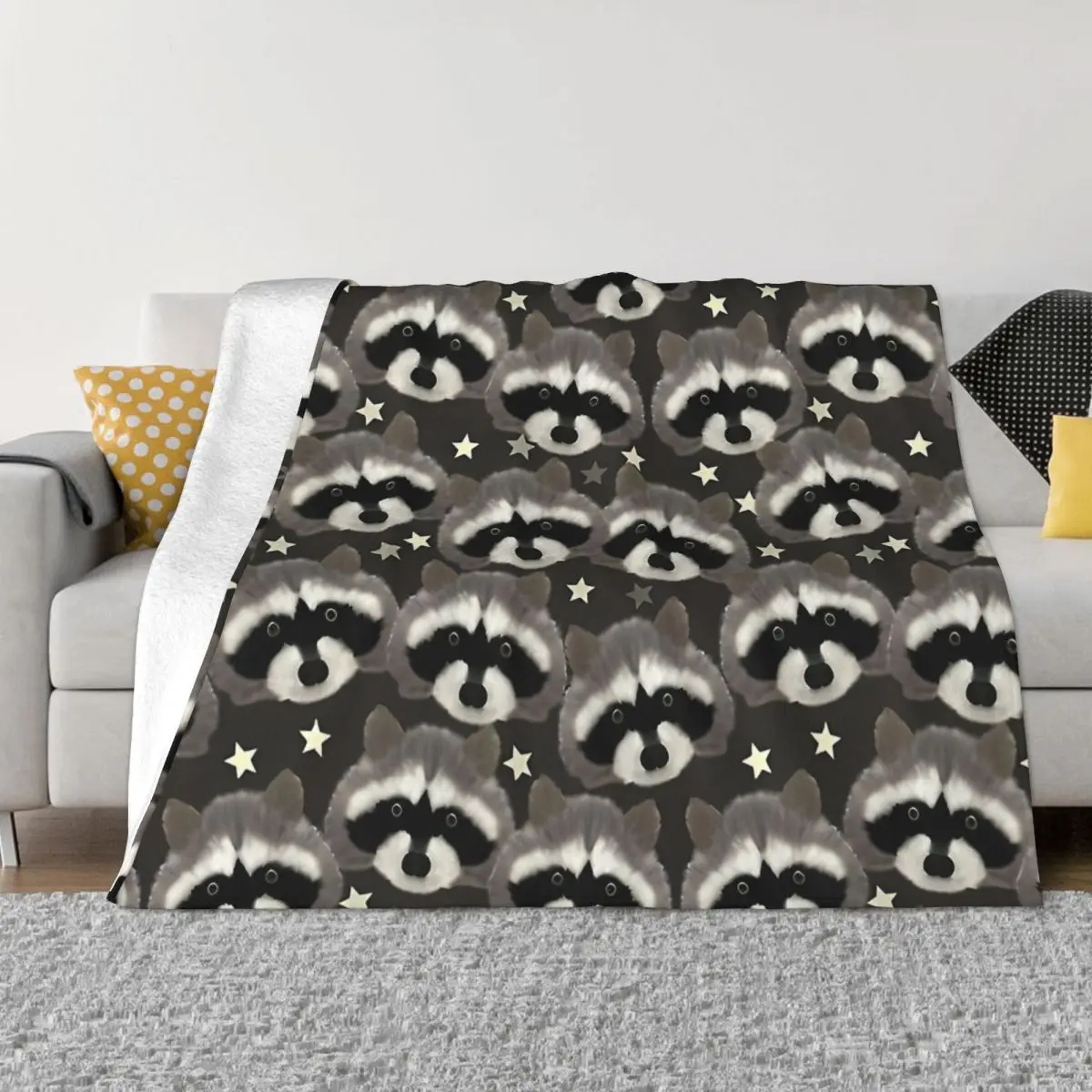 Raccoon Blanket Flannel Heads Stars Cozy Soft FLeece Bedspread