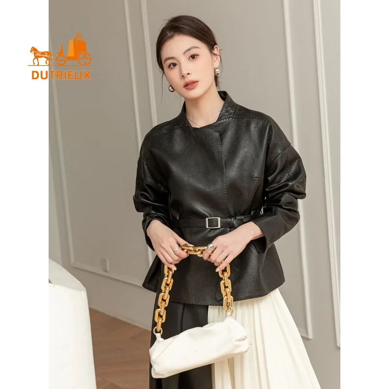 2025 New Autumn Women's Short Black Leather Jacket, Fashion and Elegant 100% Genuine Sheepskin Loose Women's Coat