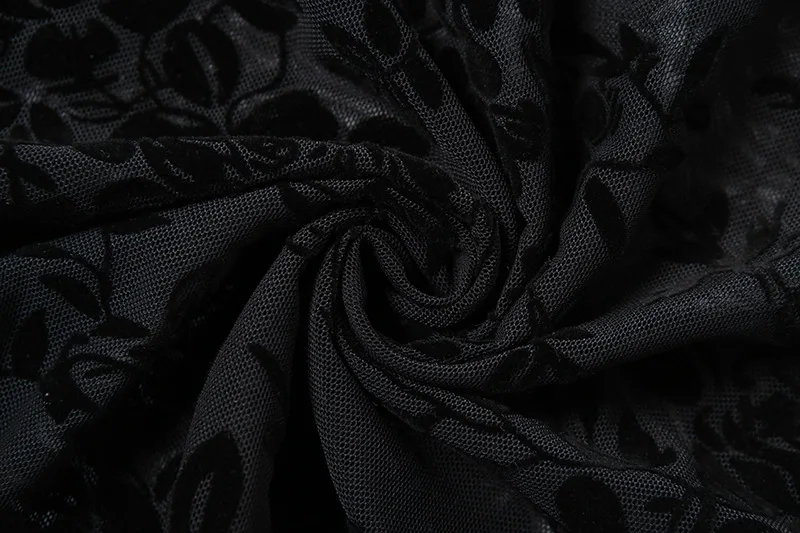 ผู้หญิงเซ็กซี่ดูผ่าน Flocking ตาข่ายสลิง Maxi ชุด V คอสายสปาเก็ตตี้ Backless Bodycon Club Party Long Robe