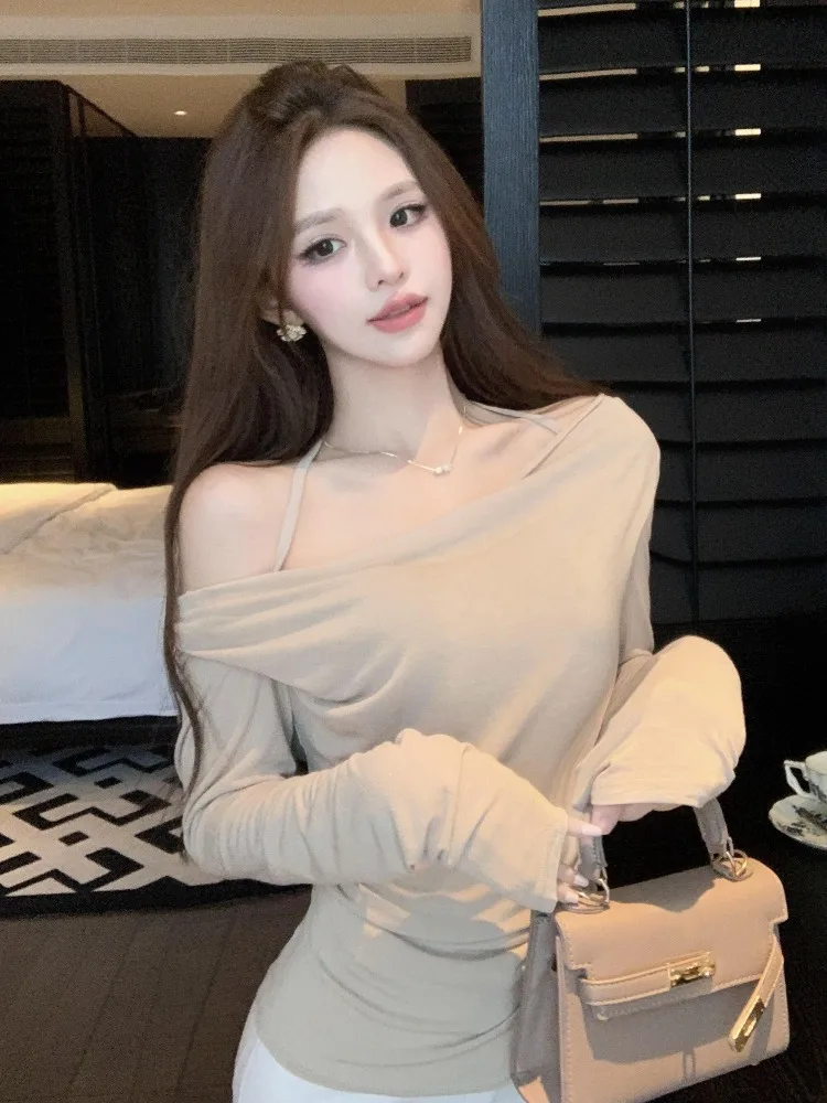 

Autumn Pure Desire Atmosphere Long Sleeve T-Shirt with Bow Tie Slant Collar Versatile Casual Fashion Top for Women