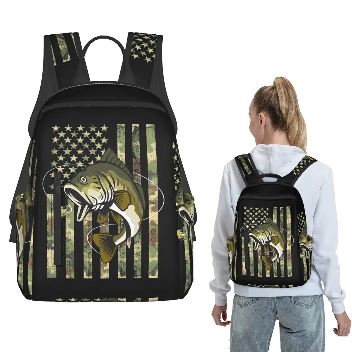 

Fishing Camouflage American Flag Bass Backpack Daypack Children BookBag School Bag Shoulder Bags for Men Women