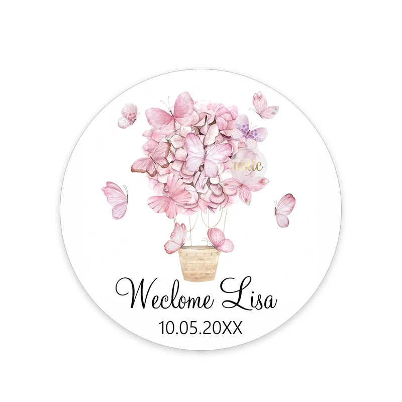 Custom Welcome Baby Hot Air Balloon Animals Birthday Party Labels Favors Round Sticker Baby Shower Personalise Travel Sticker