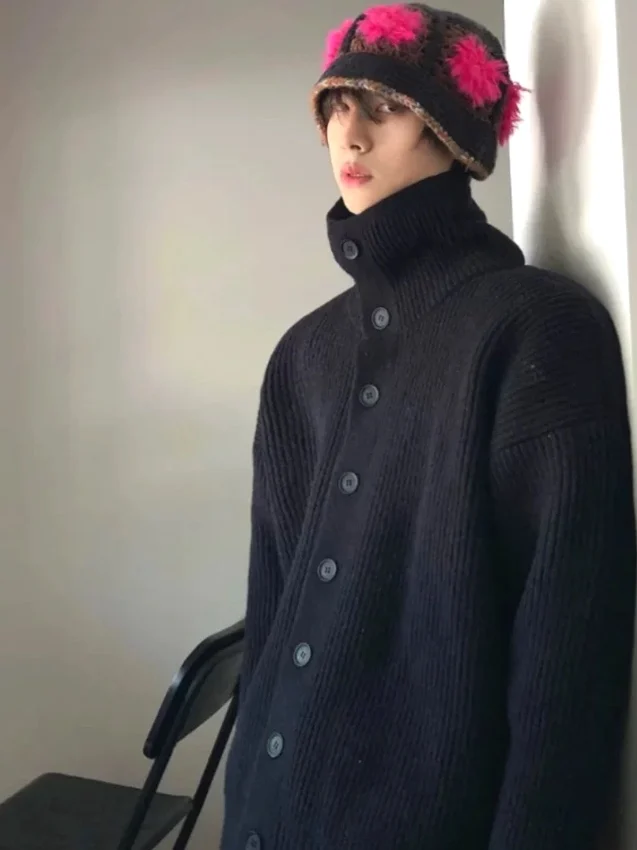 

High Collar Knitted Cardigan Men's Deer Velvet Warm Woolen Sweatshirt Jacket Coat Button up Sweater Jacket Korean Style