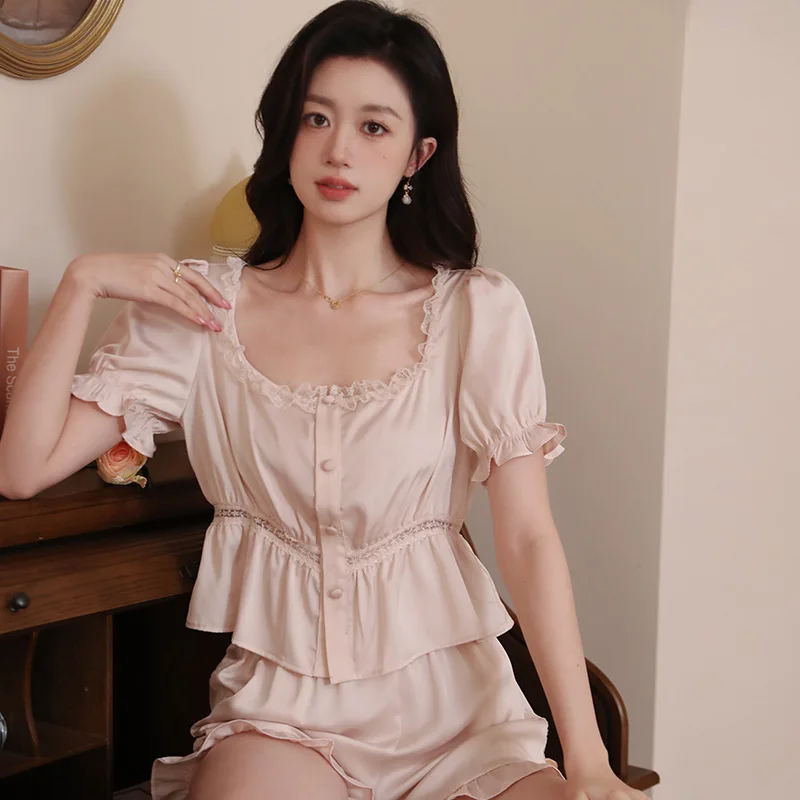 2023 Summer Ice Silk Pajamas Women's Sweet French Court Style Short Sleeve Shorts Two Piece Home Suit Square Collar Loungewear