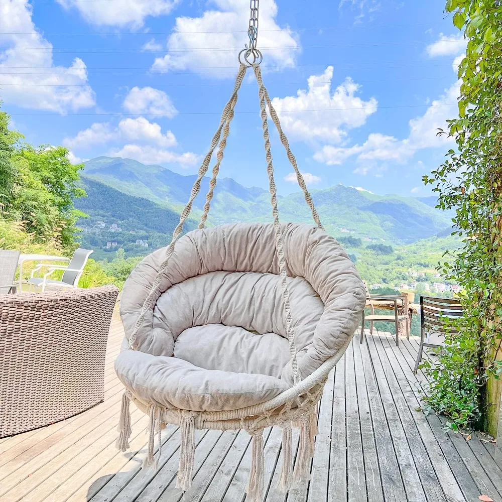 Hammock Chair with Cushion, Handmade Macrame Swing Chair with Hanging Hardware Kits