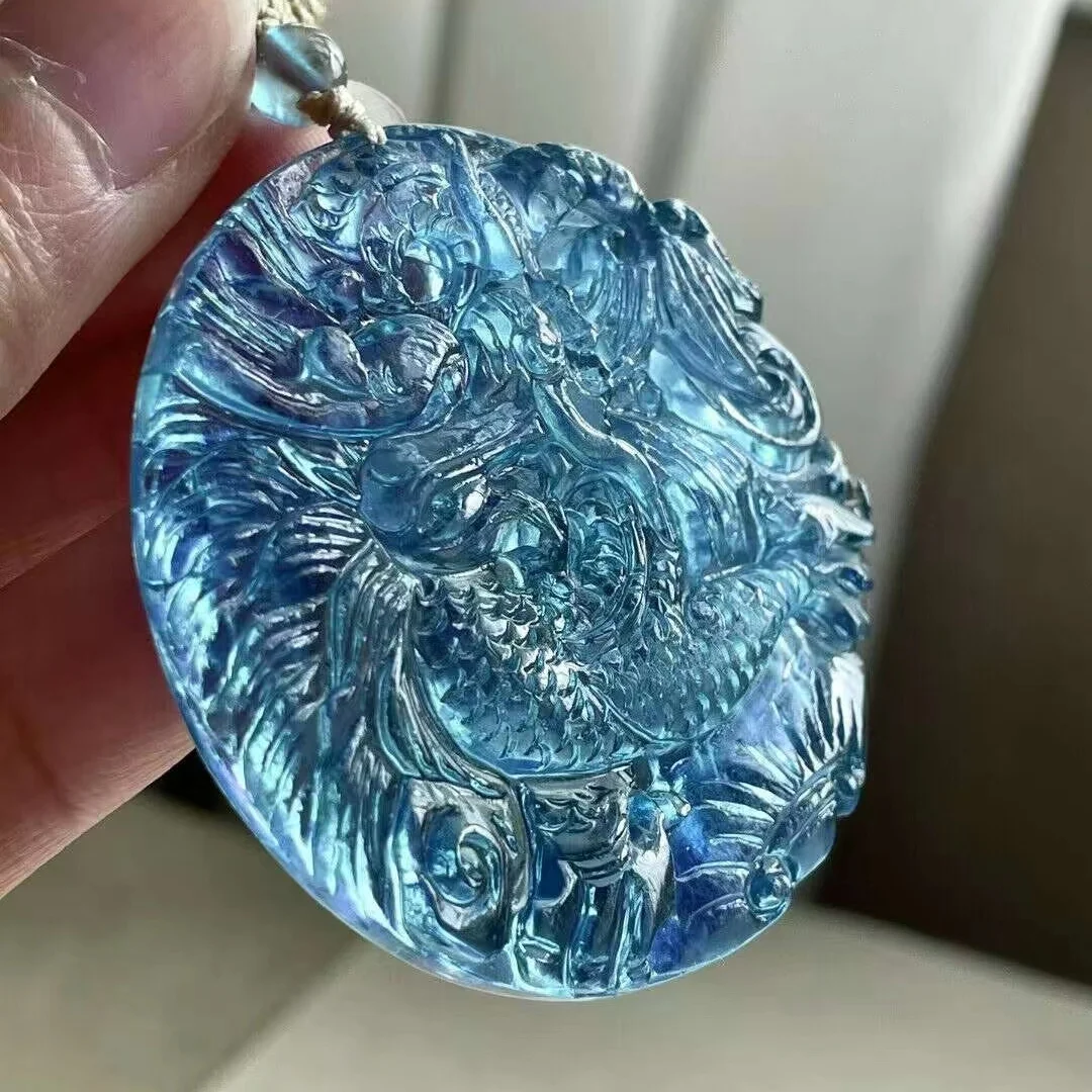 Natural Blue Aquamarine Dragon Pendant 52mm*7.5mm Big Size Aquamarine Brazil Jewelry Women Fashion Jewelry AAAAAAA