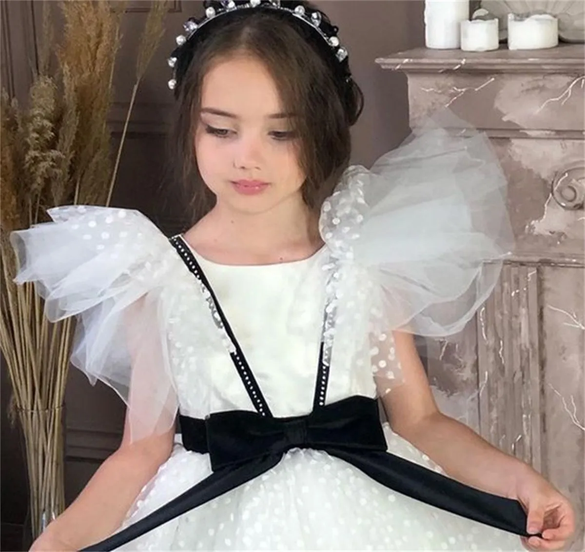 Vestido de niña de flores con lazo negro para boda, tul esponjoso hasta el suelo, vestidos elegantes para fiesta de cumpleaños eucarísticos para niños