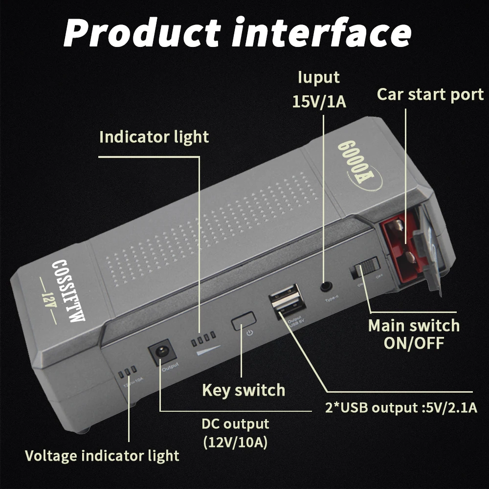 Car 6000A Portable 12V Jump Starter Power Bank 12V Auto Battery Charger Booster Starting Device