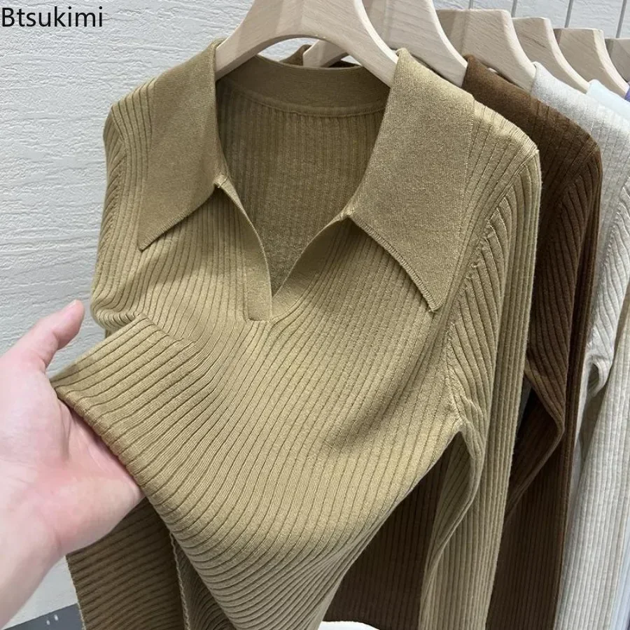 New 2024 Women\'s Turn-down Collar Long Sleeve Knitted Shirts Tops Solid Thin Sweater Female Elegant Knitwear Jumper Pullovers